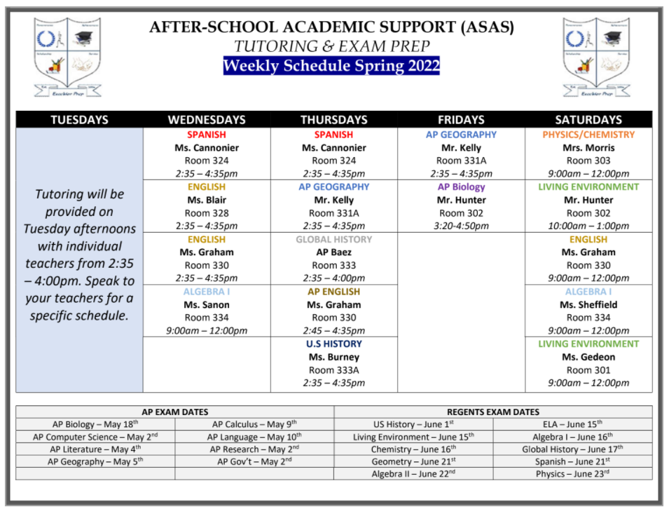 After School Academic Service March 22nd updated schedule