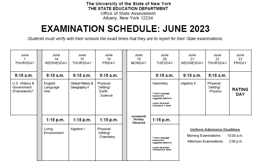 June 2023 Regents Schedule